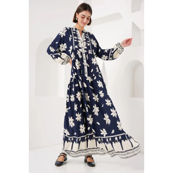 2423 Otantik Desenli Tesettür Elbise - L. Lacivert