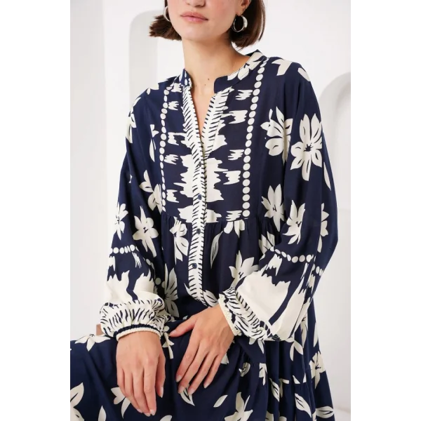 2423 Otantik Desenli Tesettür Elbise - L. Lacivert