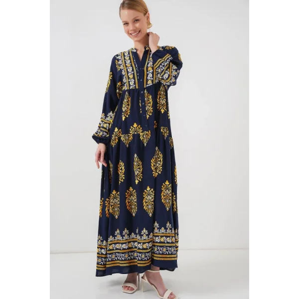 2423 Otantik Desenli Tesettür Elbise - Lacivert 2