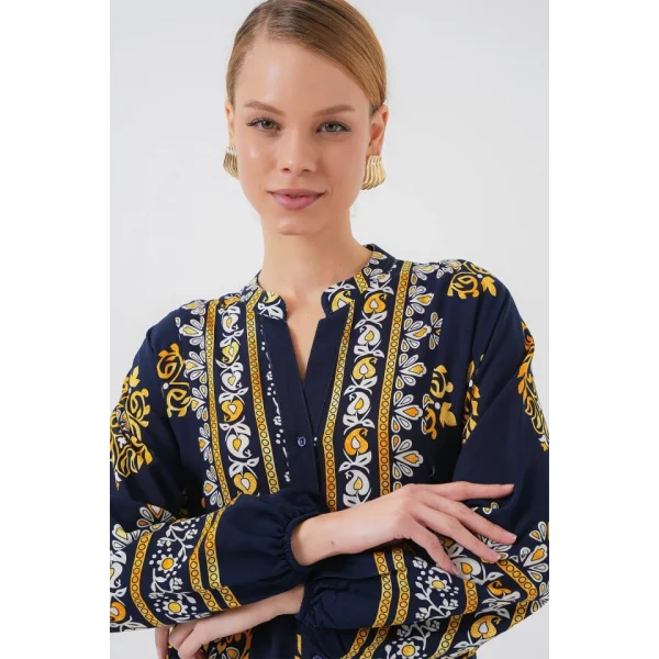 2423 Otantik Desenli Tesettür Elbise - Lacivert 2