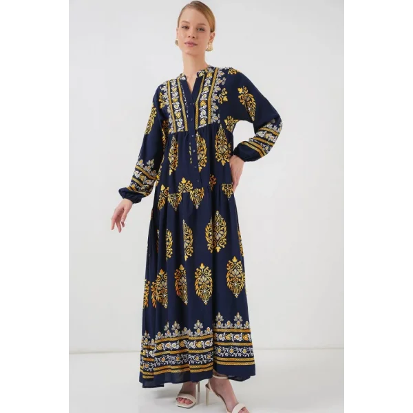 2423 Otantik Desenli Tesettür Elbise - Lacivert 2