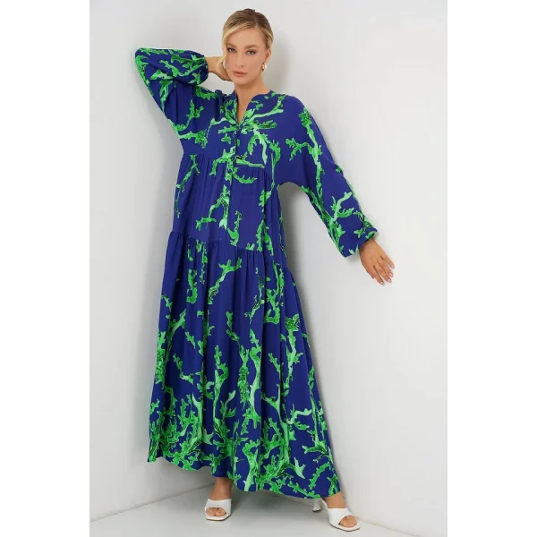 2423 Otantik Desenli Tesettür Elbise - MOR-YEŞİL