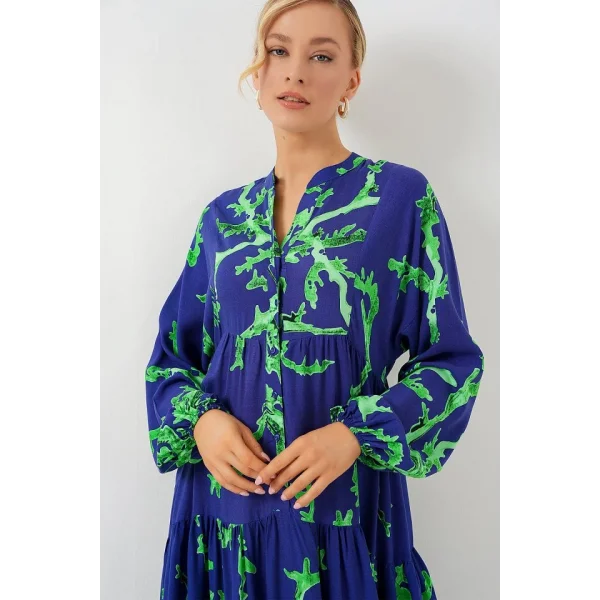 2423 Otantik Desenli Tesettür Elbise - MOR-YEŞİL