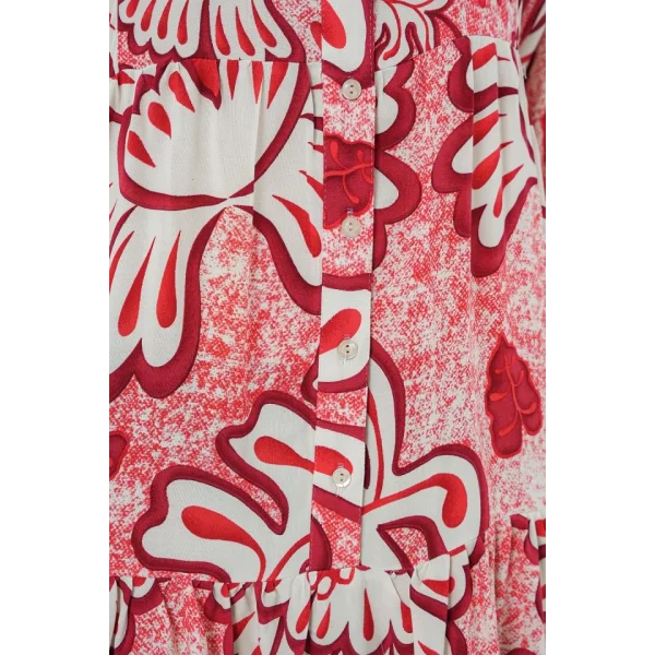 2423 Otantik Desenli Tesettür Elbise - N. Kırmızı