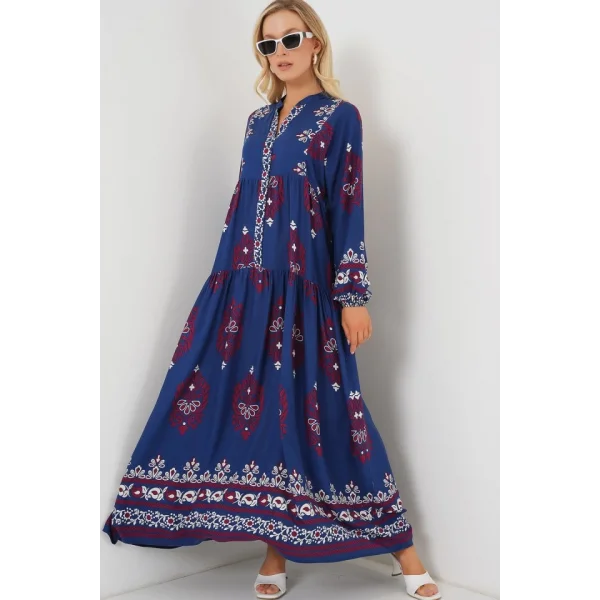 2423 Otantik Desenli Tesettür Elbise - Petrol 1