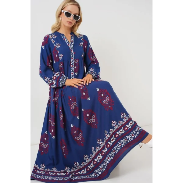 2423 Otantik Desenli Tesettür Elbise - Petrol 1