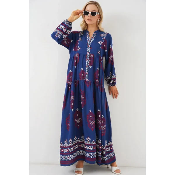 2423 Otantik Desenli Tesettür Elbise - Petrol 1