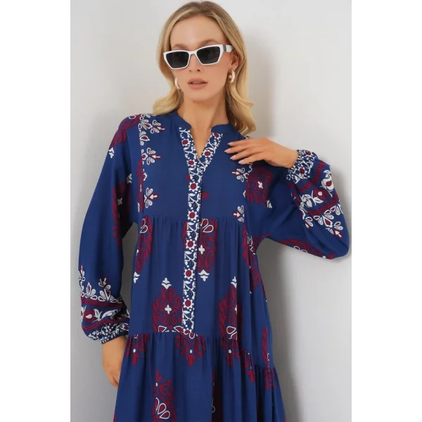 2423 Otantik Desenli Tesettür Elbise - Petrol 1