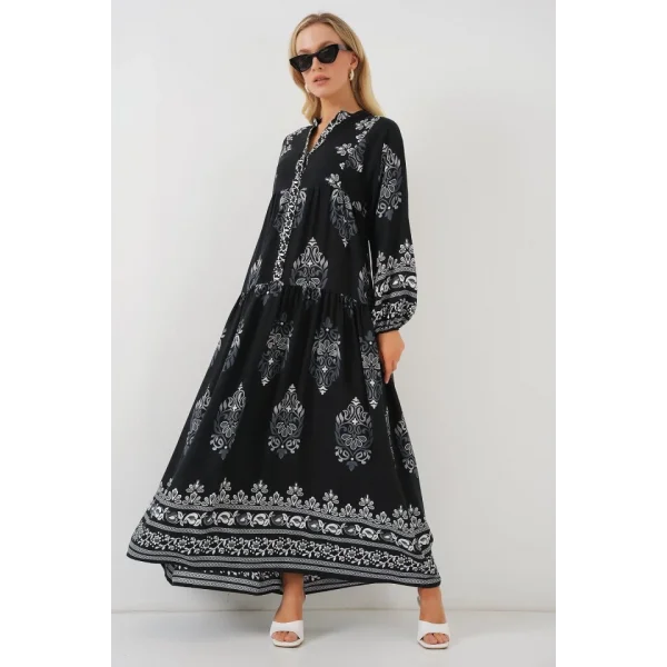 2423 Otantik Desenli Tesettür Elbise - Siyah 11
