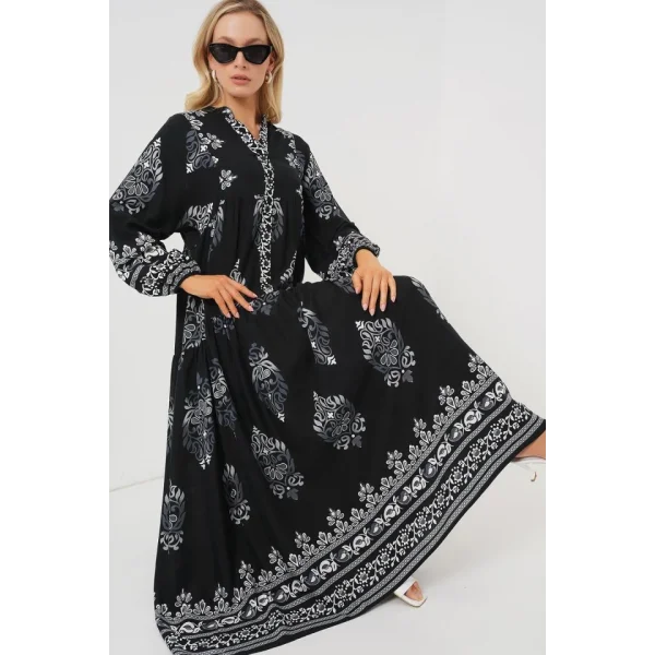 2423 Otantik Desenli Tesettür Elbise - Siyah 11