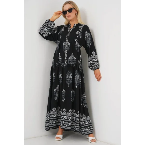 2423 Otantik Desenli Tesettür Elbise - Siyah 11