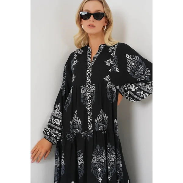 2423 Otantik Desenli Tesettür Elbise - Siyah 11