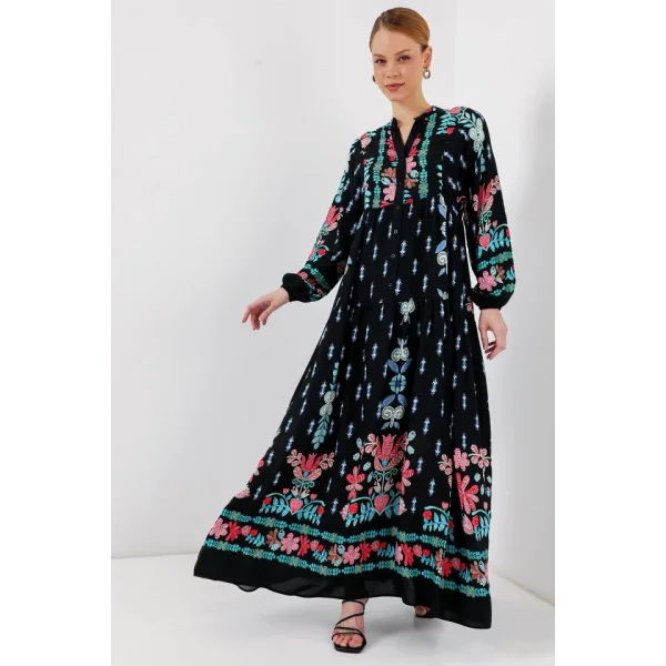 2423 Otantik Desenli Tesettür Elbise - Siyah -  Mint