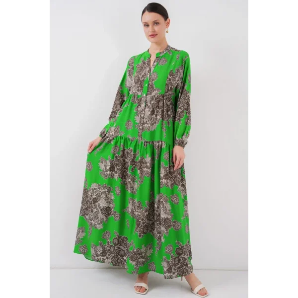 2423 Otantik Desenli Tesettür Elbise - Siyah - Yeşil