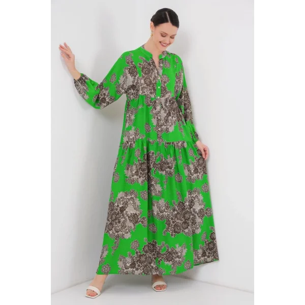 2423 Otantik Desenli Tesettür Elbise - Siyah - Yeşil
