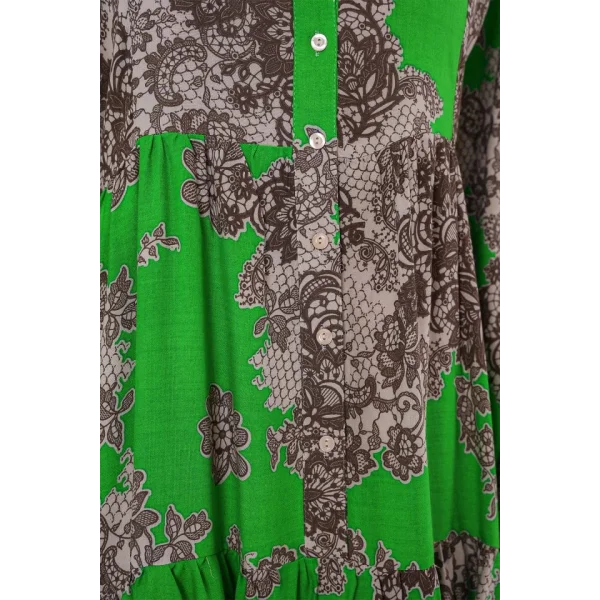 2423 Otantik Desenli Tesettür Elbise - Siyah - Yeşil