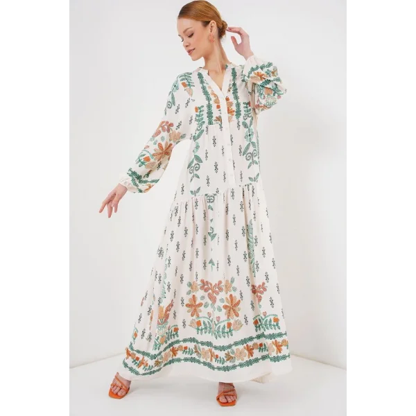 2423 Otantik Desenli Tesettür Elbise - Yeşil 10