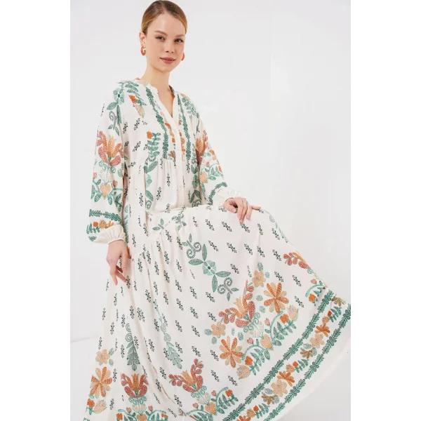 2423 Otantik Desenli Tesettür Elbise - Yeşil 10