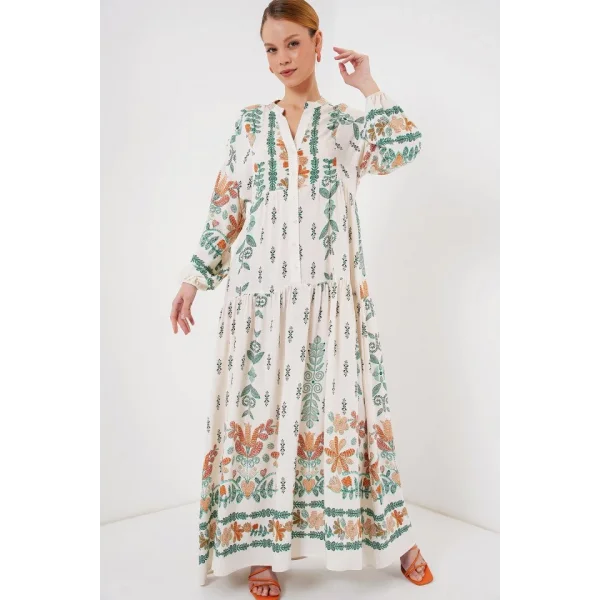 2423 Otantik Desenli Tesettür Elbise - Yeşil 10