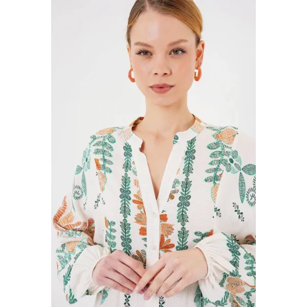 2423 Otantik Desenli Tesettür Elbise - Yeşil 10