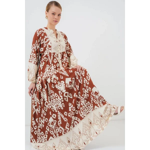 2423 Otantik Desenli Tesettür Elbise - Y.Kiremit