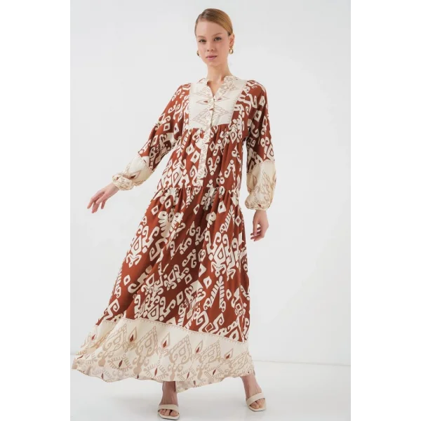 2423 Otantik Desenli Tesettür Elbise - Y.Kiremit