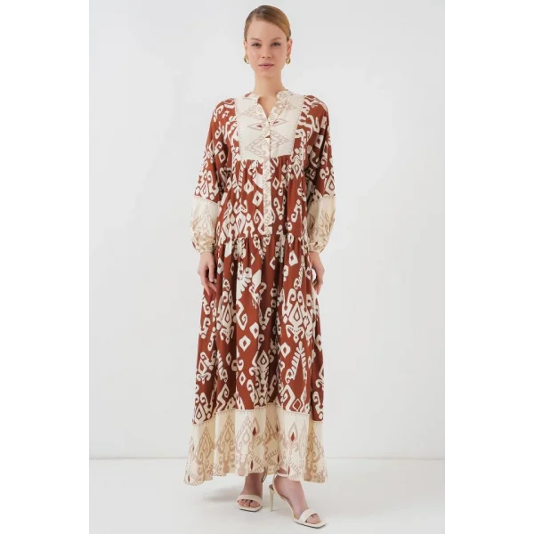 2423 Otantik Desenli Tesettür Elbise - Y.Kiremit