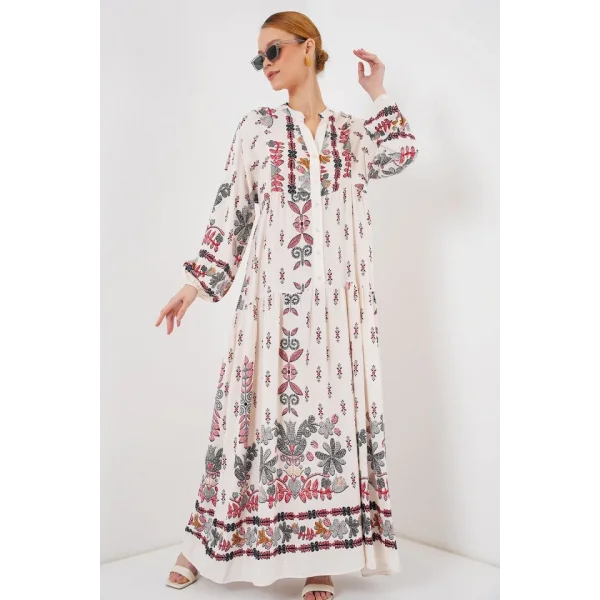 2423 Otantik Desenli Tesettür Elbise - Z. Kırmızı