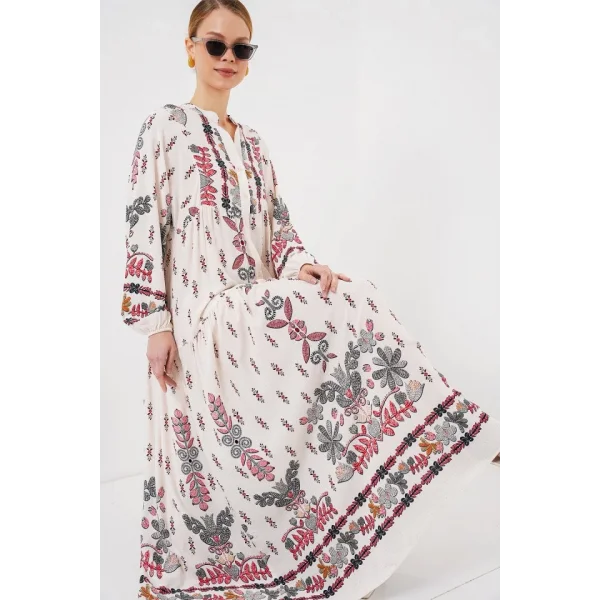 2423 Otantik Desenli Tesettür Elbise - Z. Kırmızı