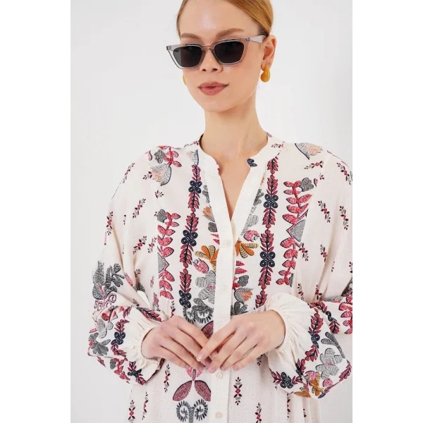 2423 Otantik Desenli Tesettür Elbise - Z. Kırmızı