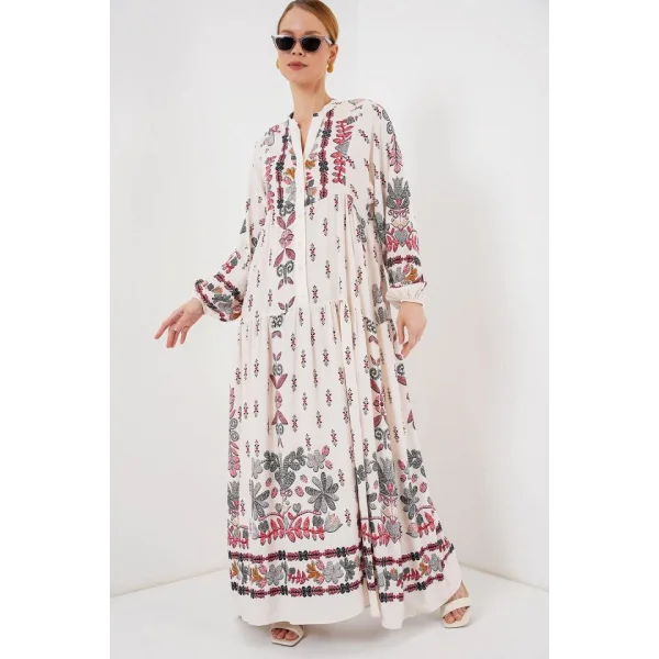 2423 Otantik Desenli Tesettür Elbise - Z. Kırmızı