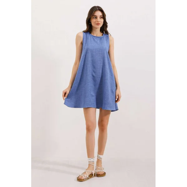 2444 Mini Keten Elbise  Mavi