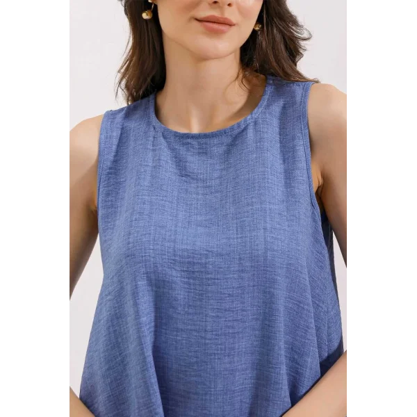 2444 Mini Keten Elbise  Mavi