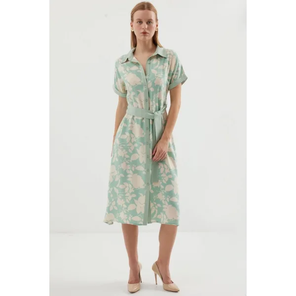 2455 Desenli Gömlek Elbise  Çağla