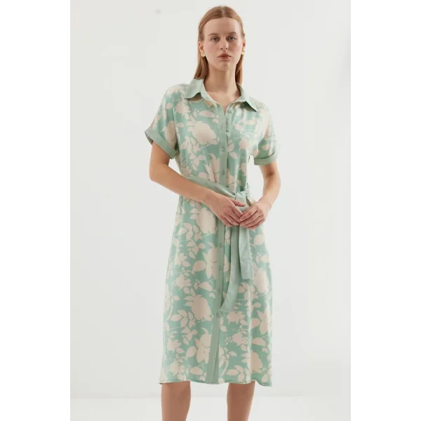 2455 Desenli Gömlek Elbise  Çağla