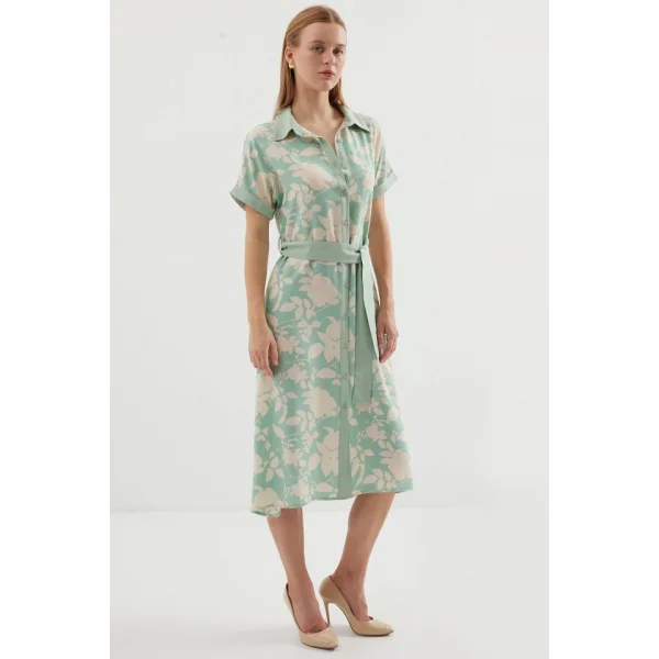 2455 Desenli Gömlek Elbise  Çağla