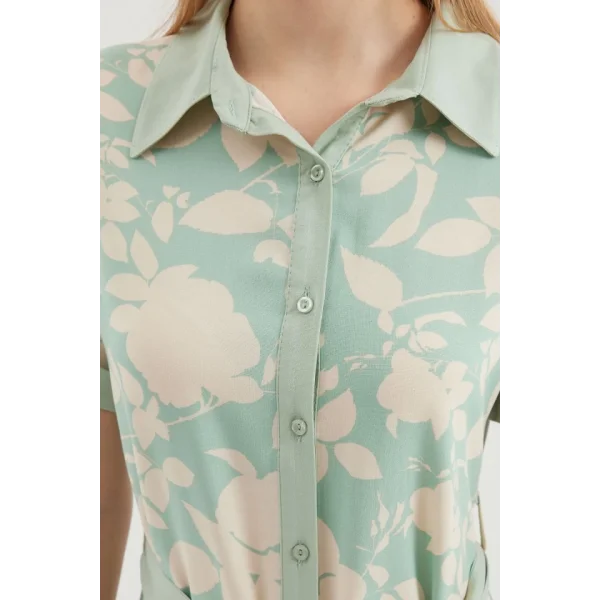 2455 Desenli Gömlek Elbise  Çağla