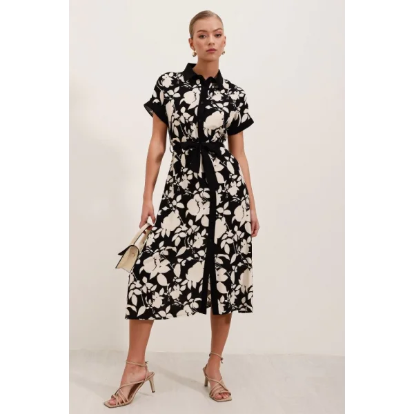 2455 Desenli Gömlek Elbise  Siyah