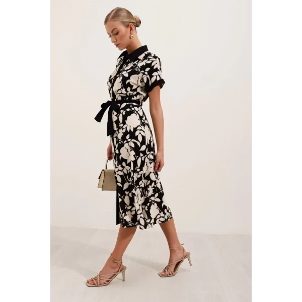 2455 Desenli Gömlek Elbise  Siyah
