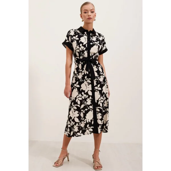 2455 Desenli Gömlek Elbise  Siyah