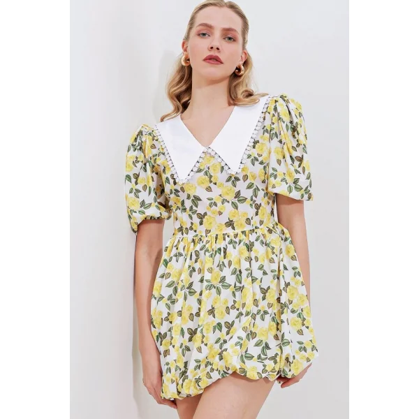 2478 Çiçekli Mini Elbise  Sarı