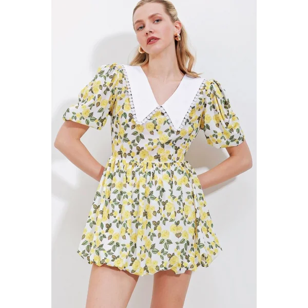 2478 Çiçekli Mini Elbise  Sarı