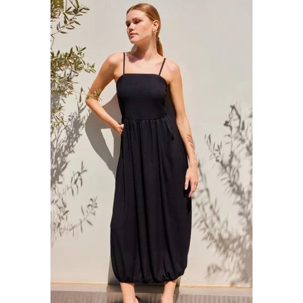 2492 Askılı Örme Salopet Elbise  Siyah