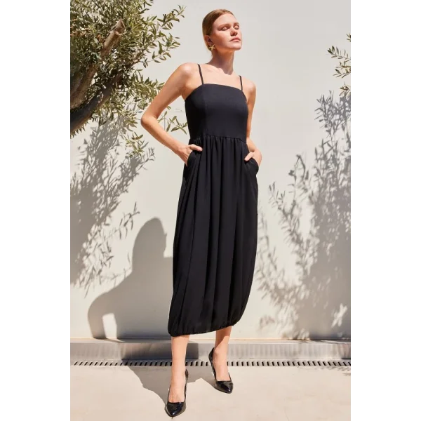 2492 Askılı Örme Salopet Elbise  Siyah