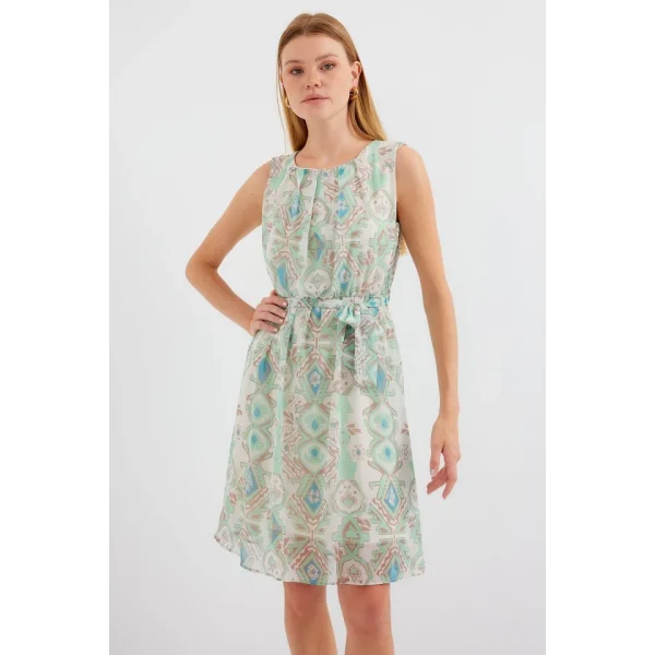 2501 Desenli Sıfır Kol Şifon Elbise - Mint