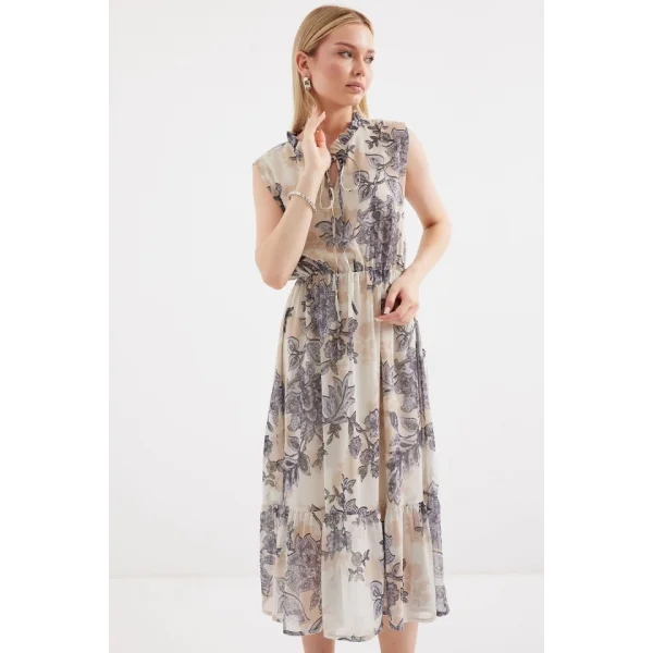 2503 Desenli Sıfır Kol Şifon Elbise  Antrasit