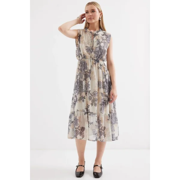 2503 Desenli Sıfır Kol Şifon Elbise  Antrasit