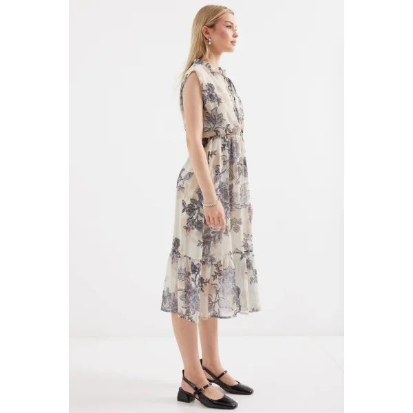 2503 Desenli Sıfır Kol Şifon Elbise  Antrasit