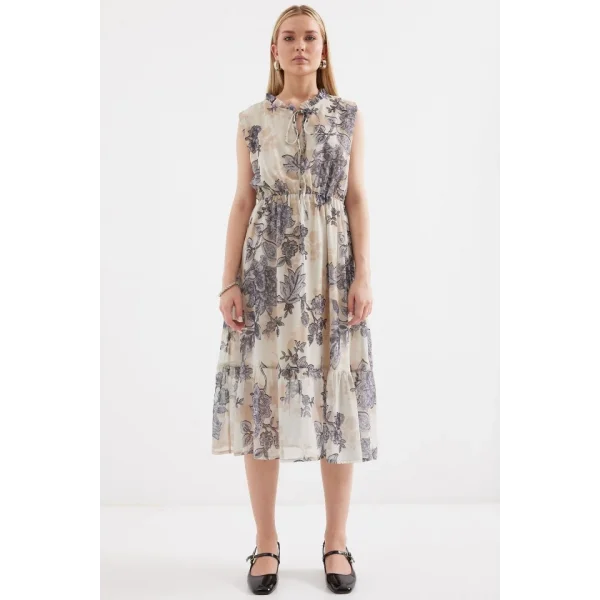 2503 Desenli Sıfır Kol Şifon Elbise  Antrasit