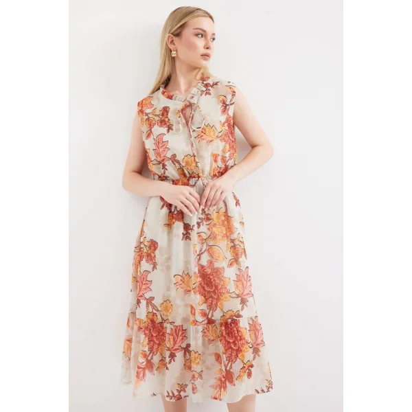 2503 Desenli Sıfır Kol Şifon Elbise  Kiremit